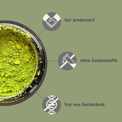 Bio Matcha Kanayamidori Icons zur fairen Produktion, gentechnikfrei und ohne Zusatzstoffe
