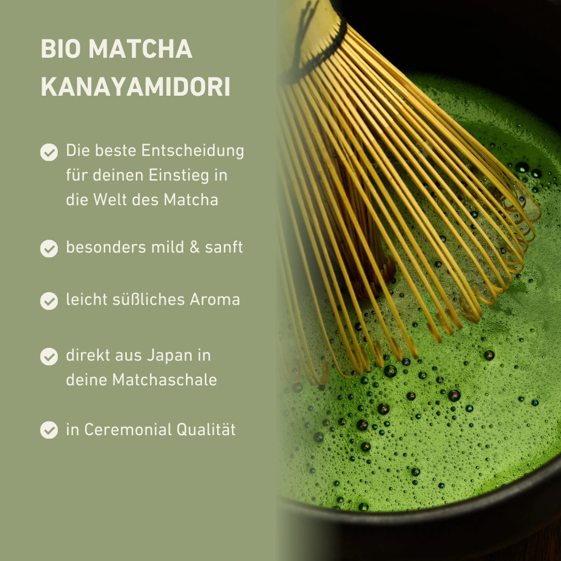 Bio Matcha Kanayamidori Infografik mit Eigenschaften des Matchas