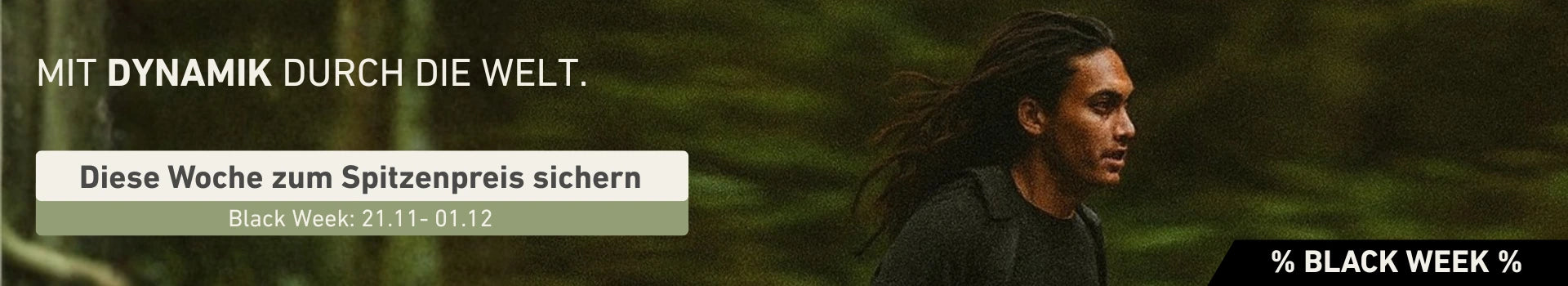 Black Friday Aktionsbanner mit Läufer im Wald