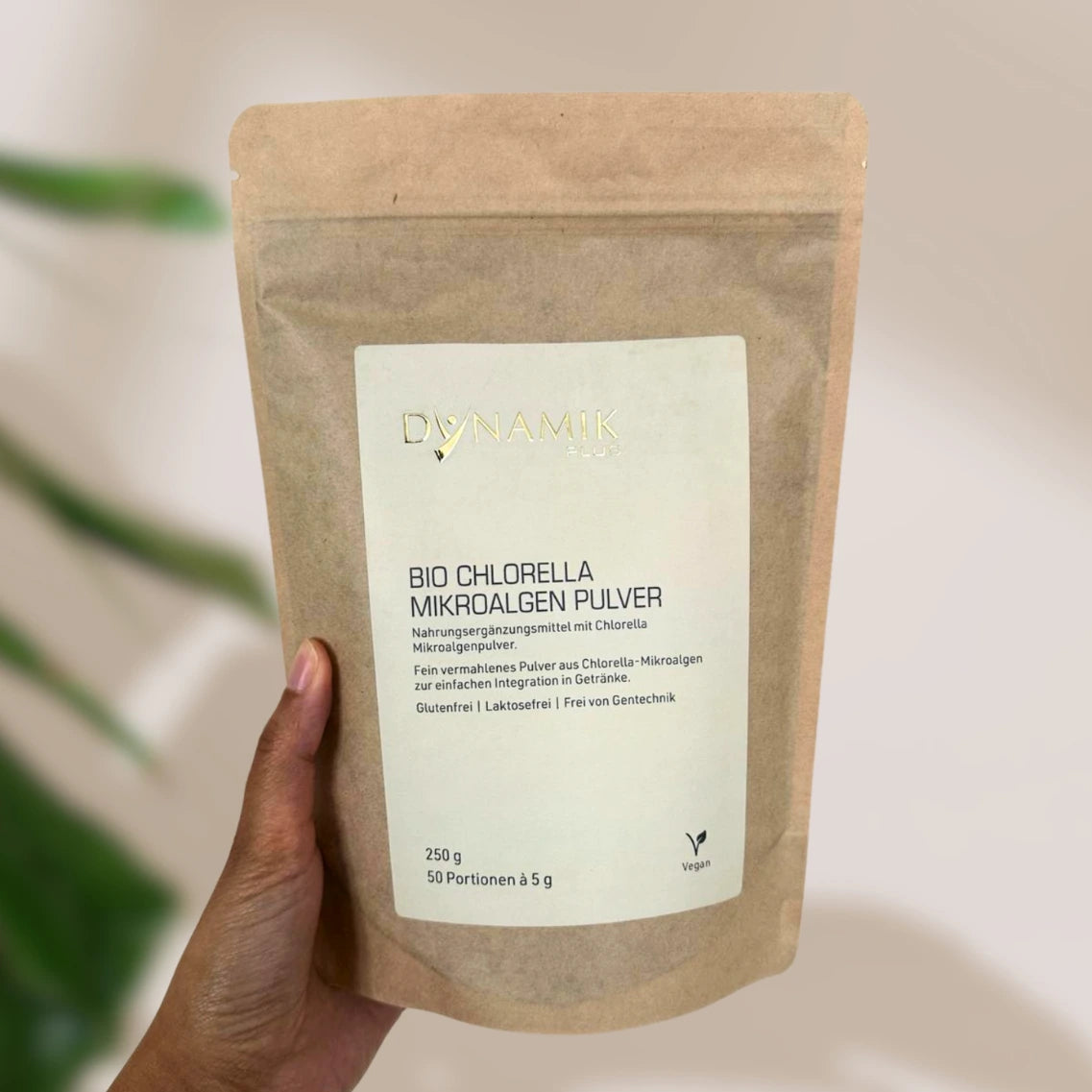 DYNAMIKPLUS Bio Chlorella Mikroalgen Pulver gehalten von Hand
