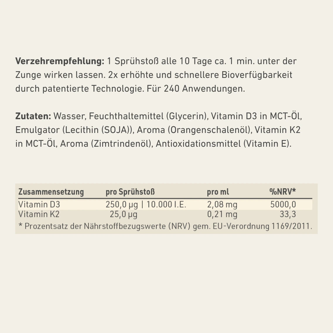 Vitamin D3 + K2 Spray - ZIMT Geschmack