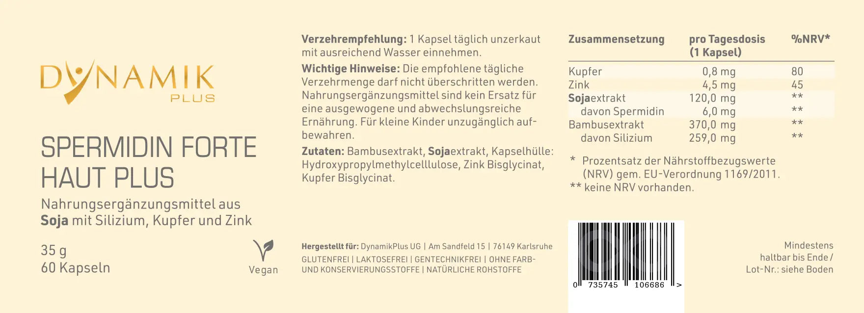DYNAMIKPLUS Etikett "Spermidin Forte Haut Plus"