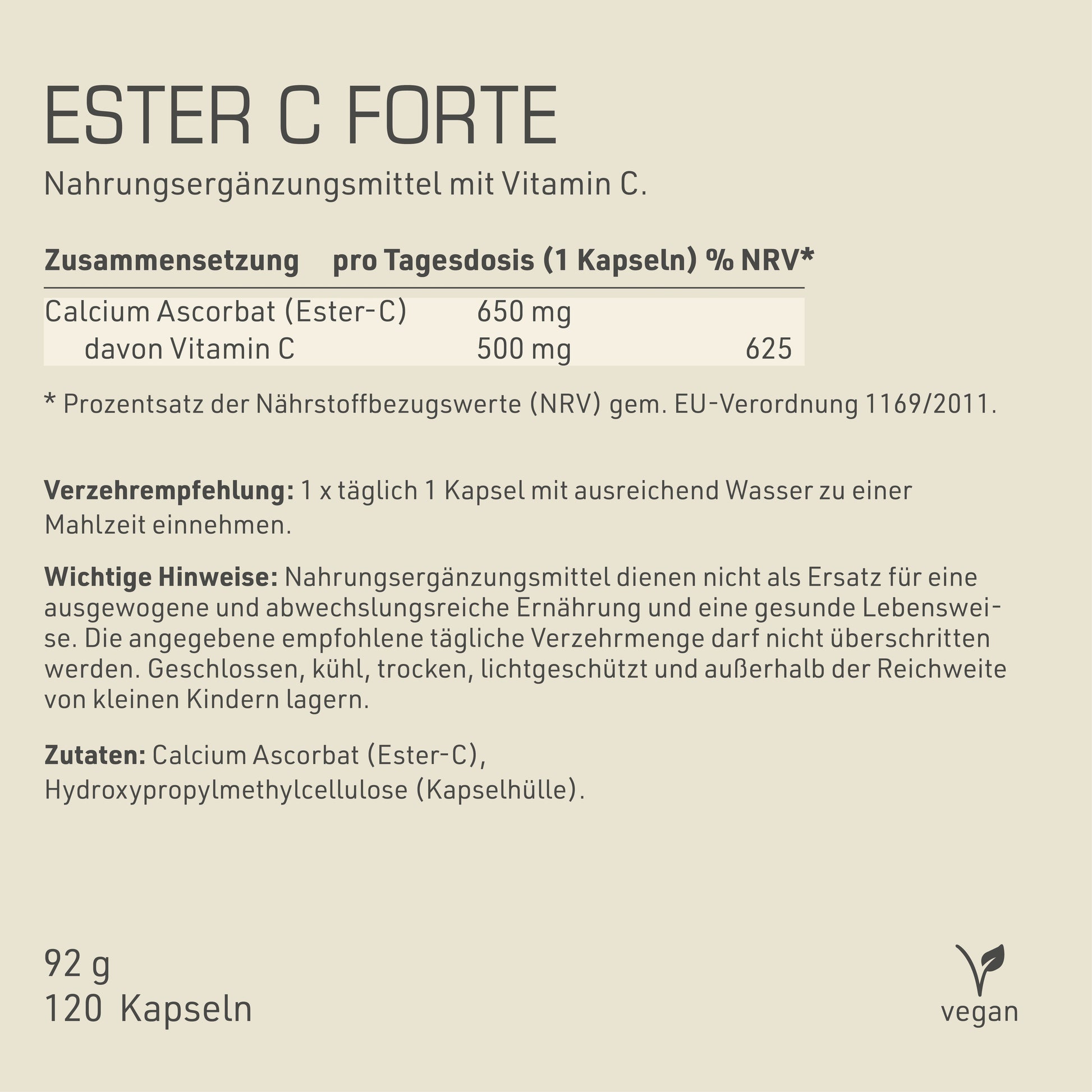 Ester C Forte Etikett mit Inhaltsstoffen und -angaben