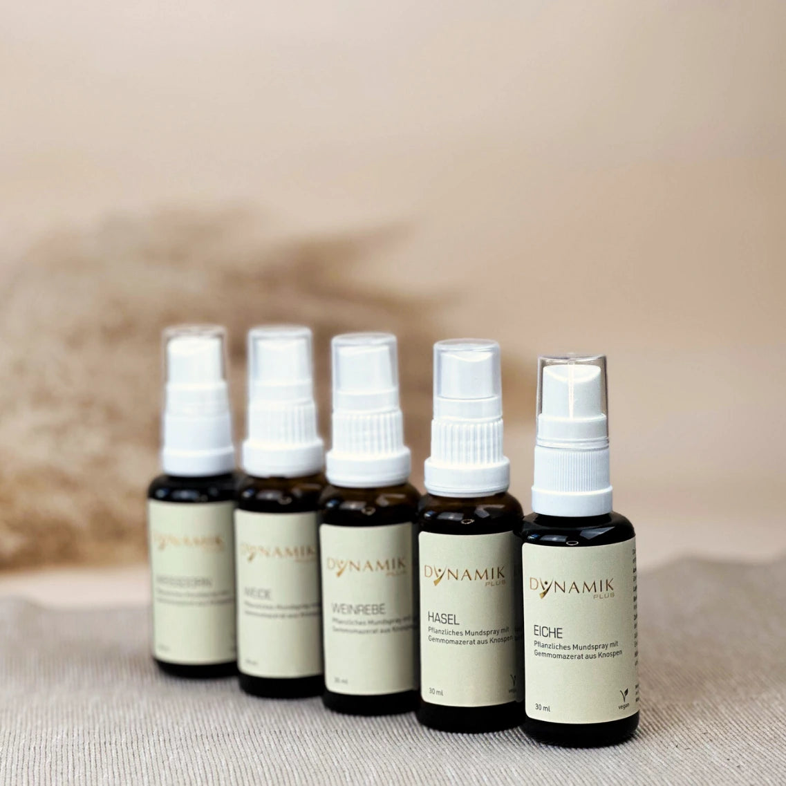 5 braune Sprühfläschchen mit weißem Sprühkopf und DynamikPlus Etikett aneinander gereiht