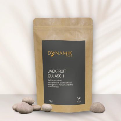 Braune Papiertasche mit DYNAMIKPLUS Etikett "Jackfruit Gulasch"