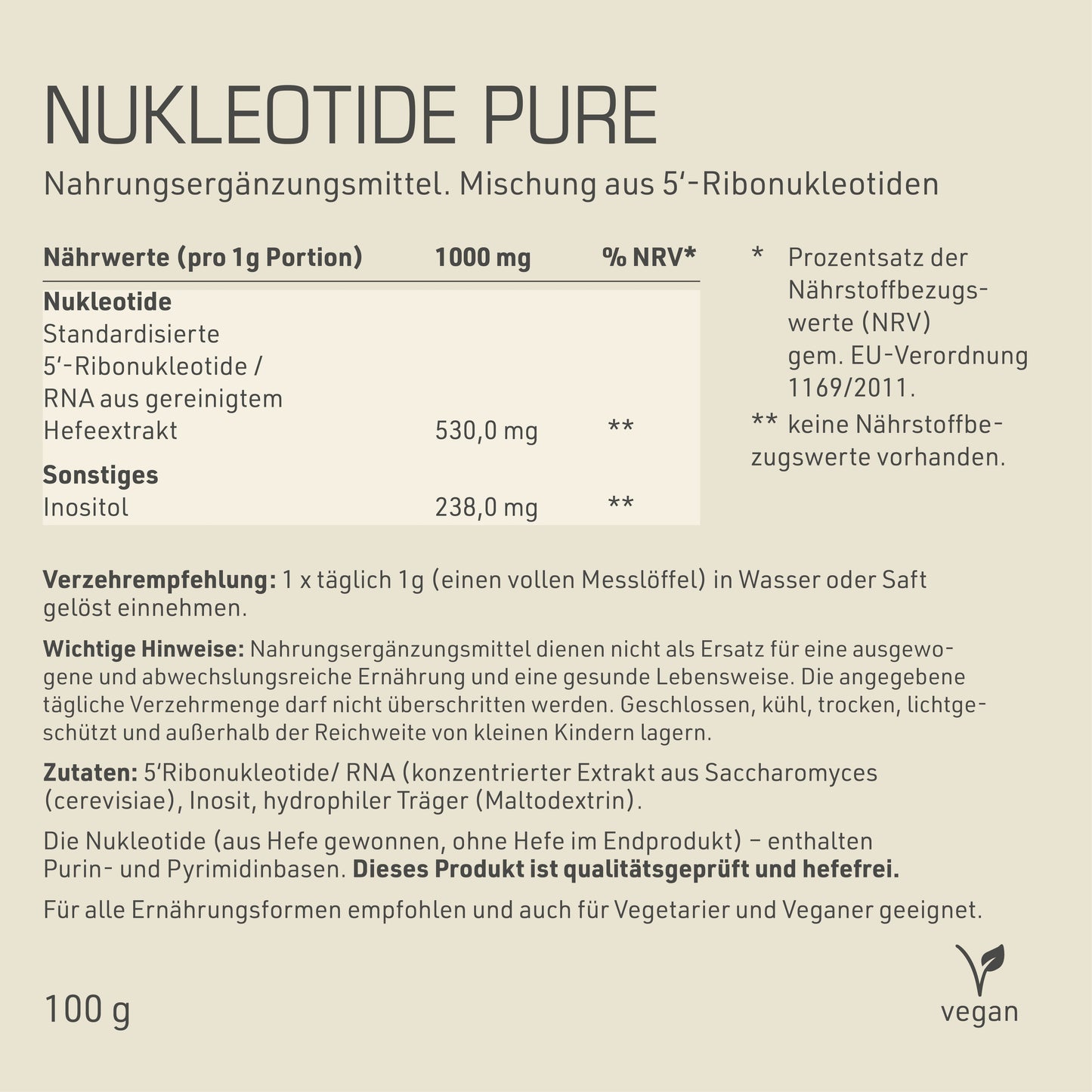 Nukleotide Pure Etikett Rückseite mit Inhaltsstoffen und -angaben