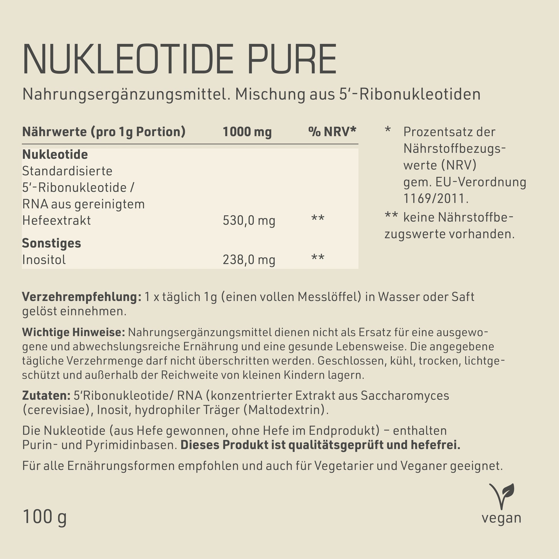Nukleotide Pure Etikett Rückseite mit Inhaltsstoffen und -angaben