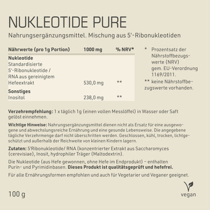 Nukleotide Pure Etikett Rückseite mit Inhaltsstoffen und -angaben