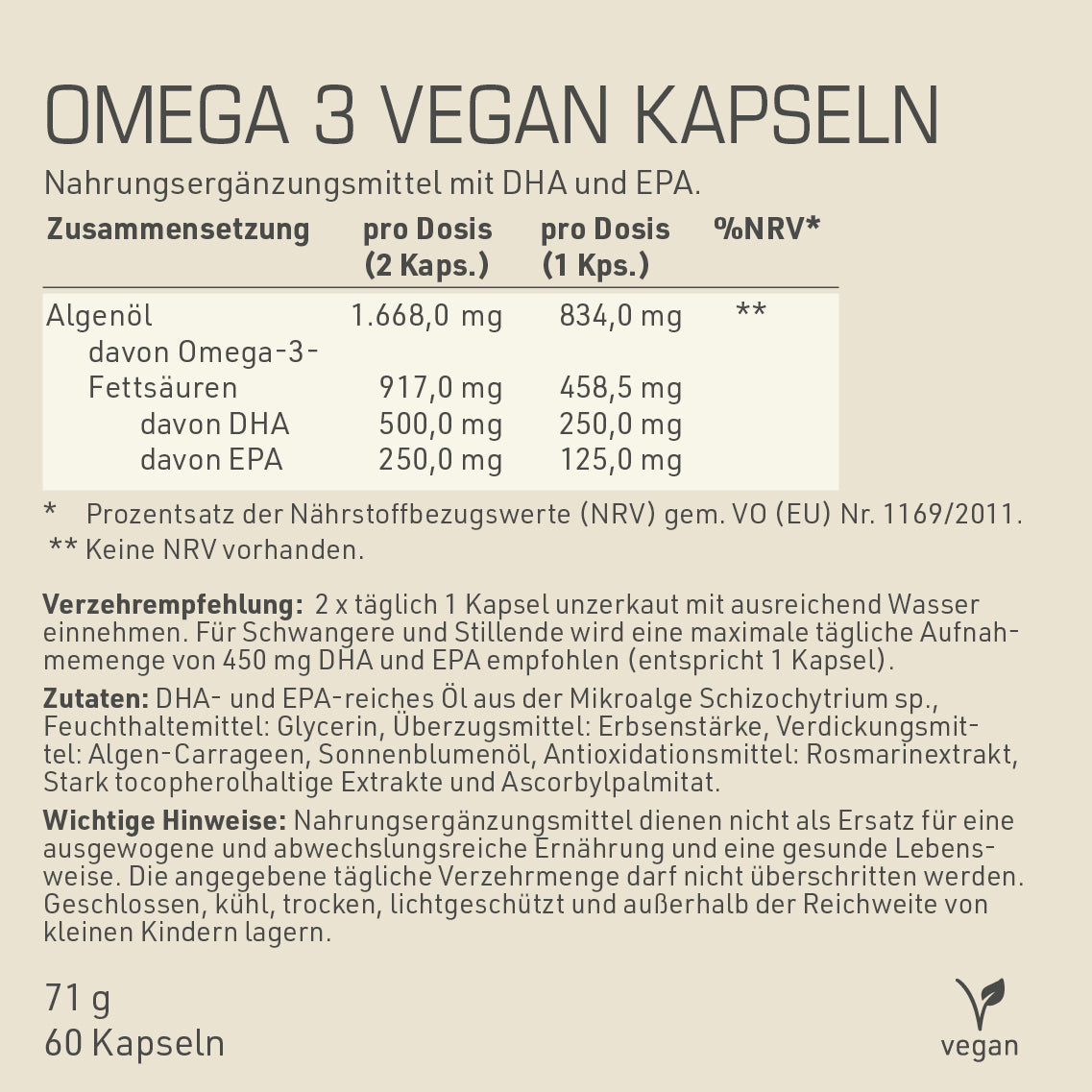 DYNAMIKPLUS Omega 3 vegan Kapseln Zusammensetzung, Verzehrempfehlung und Zutaten