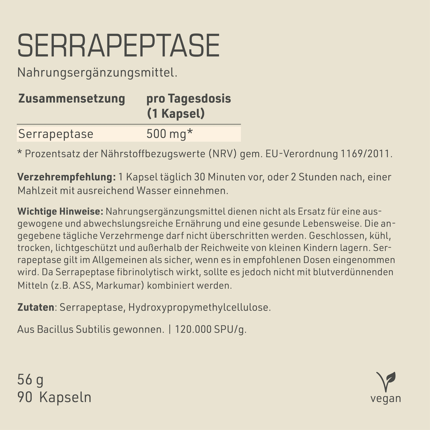 Serrapeptase Etikett mit Inhaltsstoffen und -angaben