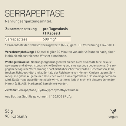 Serrapeptase Etikett mit Inhaltsstoffen und -angaben