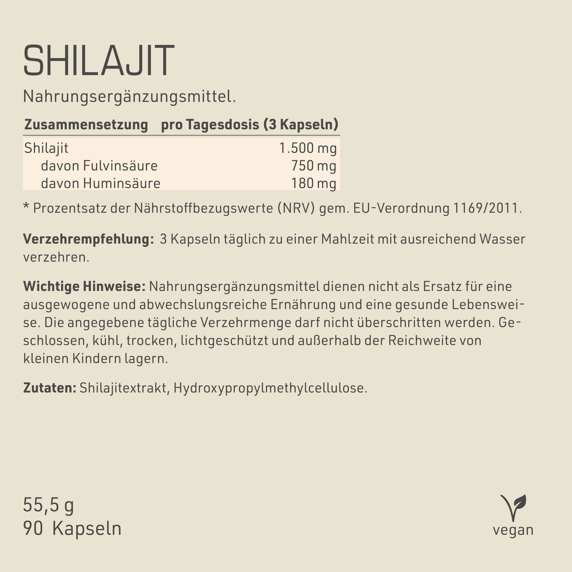 Shilajit Etikett mit Inhaltsstoffen und -angaben