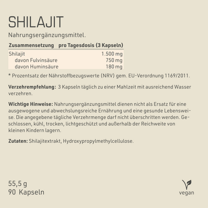 Shilajit Etikett mit Inhaltsstoffen und -angaben