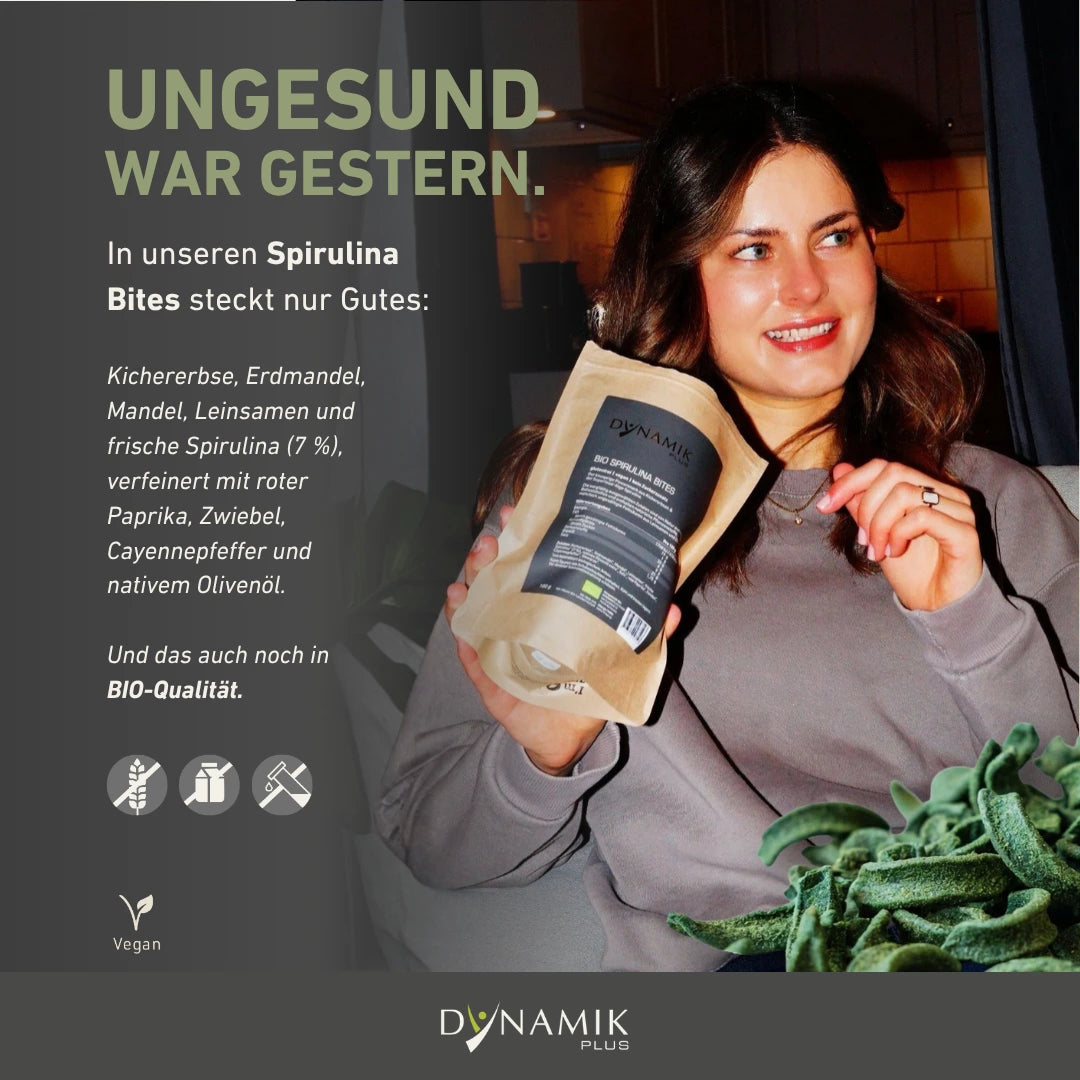 Infografik zu den Inhaltsstoffen unserer Bio Spirulina Bites