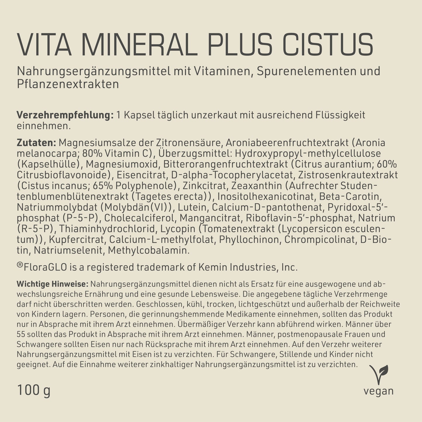 Vita Mineral Plus Cistus Etikett Rückseite mit Inhaltsstoffen