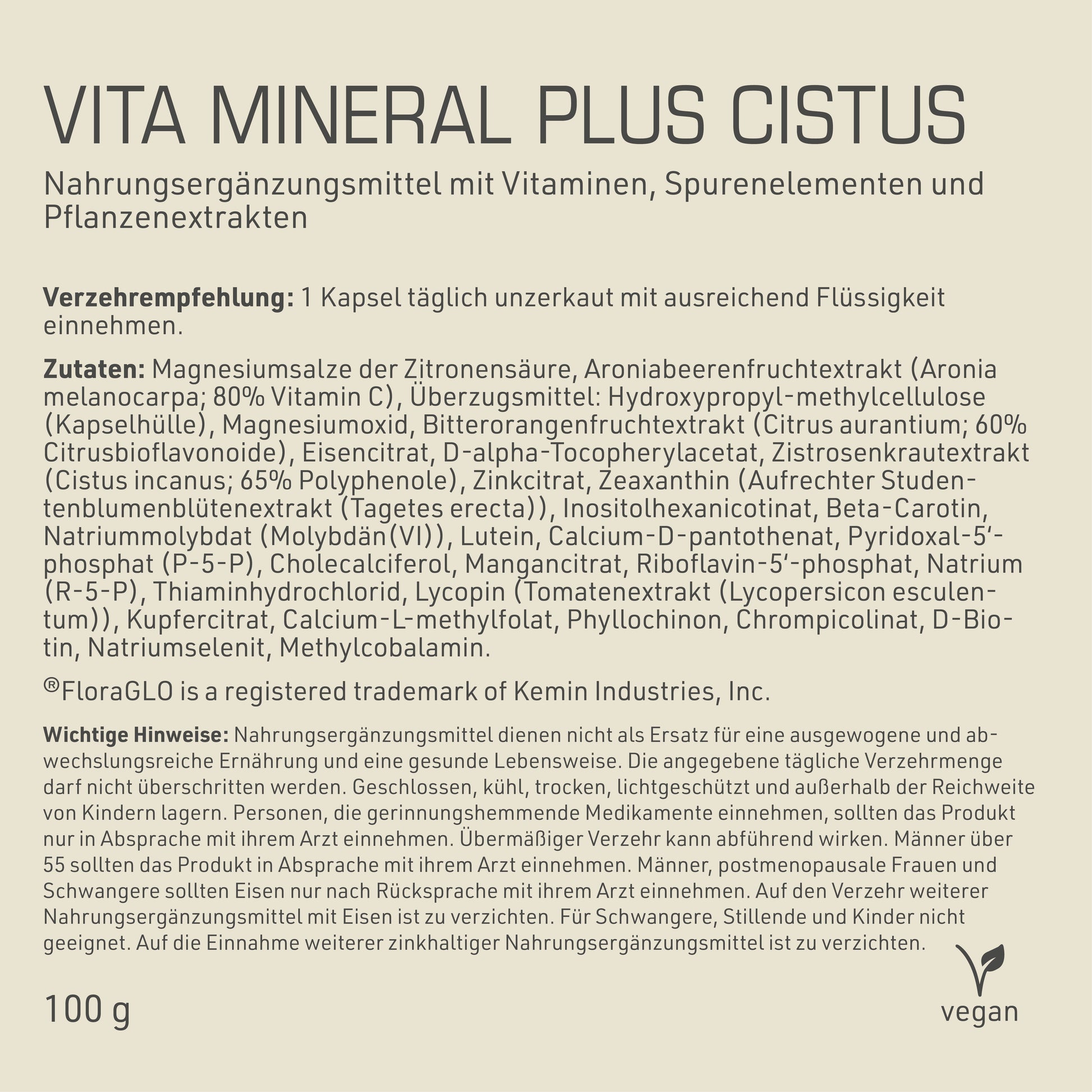 Vita Mineral Plus Cistus Etikett Rückseite mit Inhaltsstoffen
