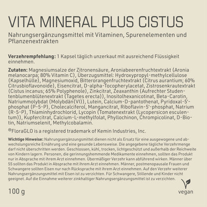 Vita Mineral Plus Cistus Etikett Rückseite mit Inhaltsstoffen