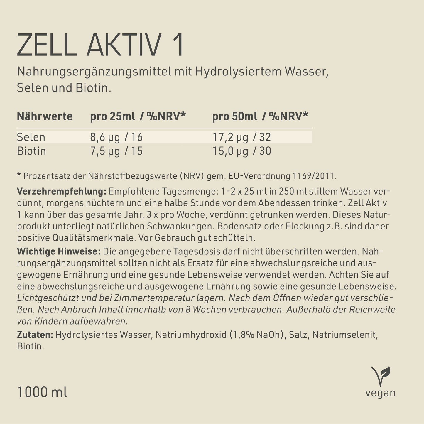 Zell Aktiv 1 Etikett Rückseite mit Inhaltsstoffen und -angaben
