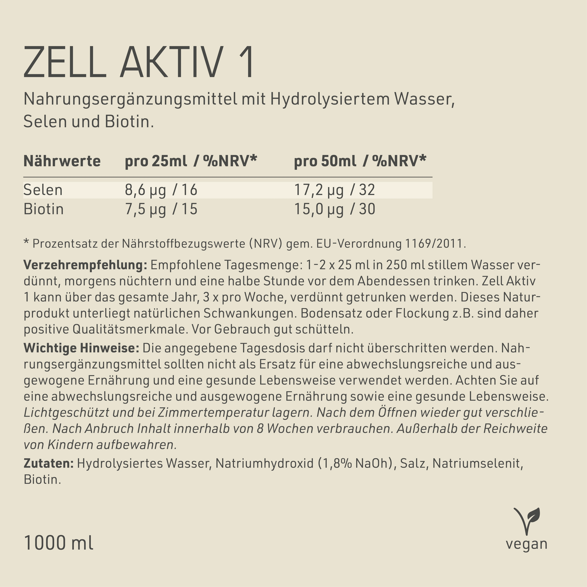 Zell Aktiv 1 Etikett Rückseite mit Inhaltsstoffen und -angaben
