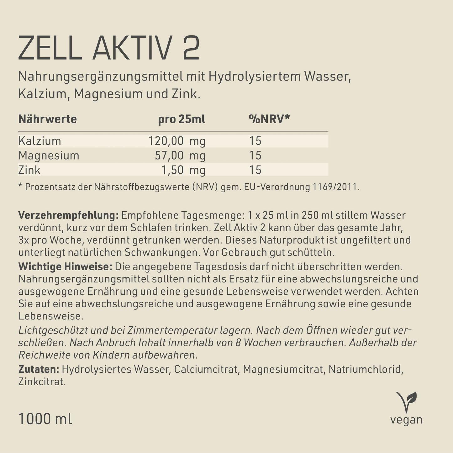 Zell Aktiv 2 Etikett Rückseite mit Inhaltsstoffen und -angaben