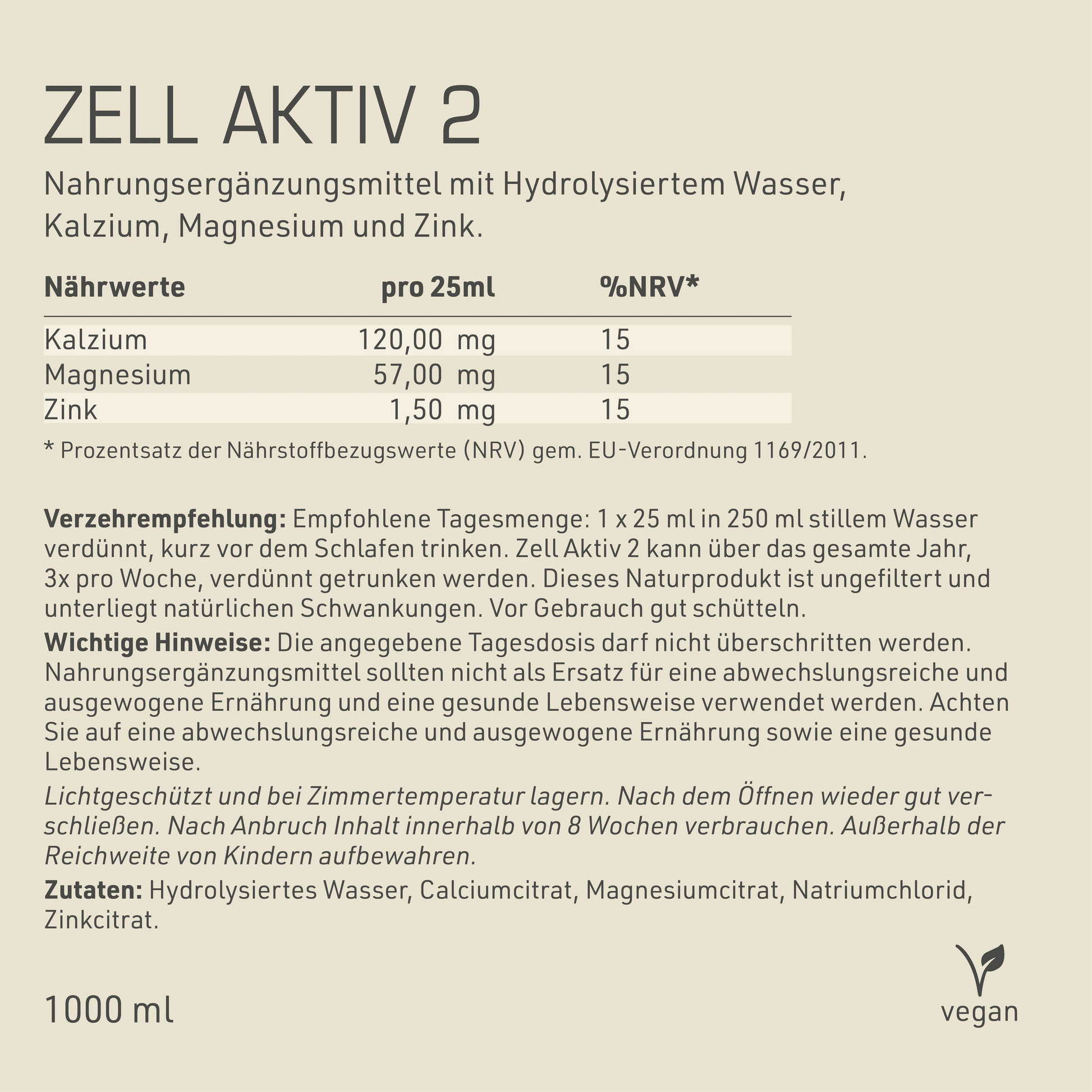 Zell Aktiv 2 Etikett Rückseite mit Inhaltsstoffen und -angaben