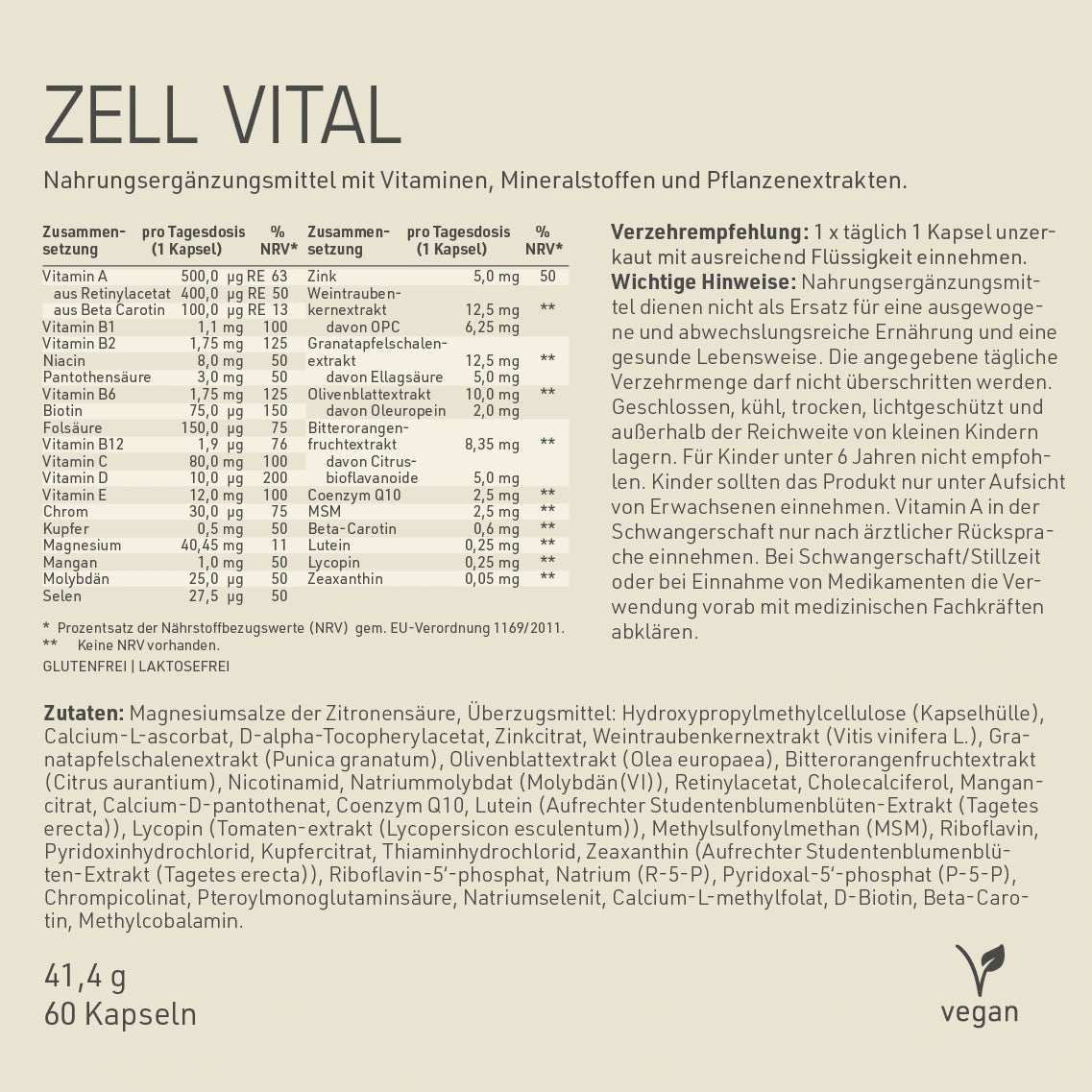 DYNAMIKPLUS Zell Vital Zusammensetzung, Verzehrempfehlung und Zutaten