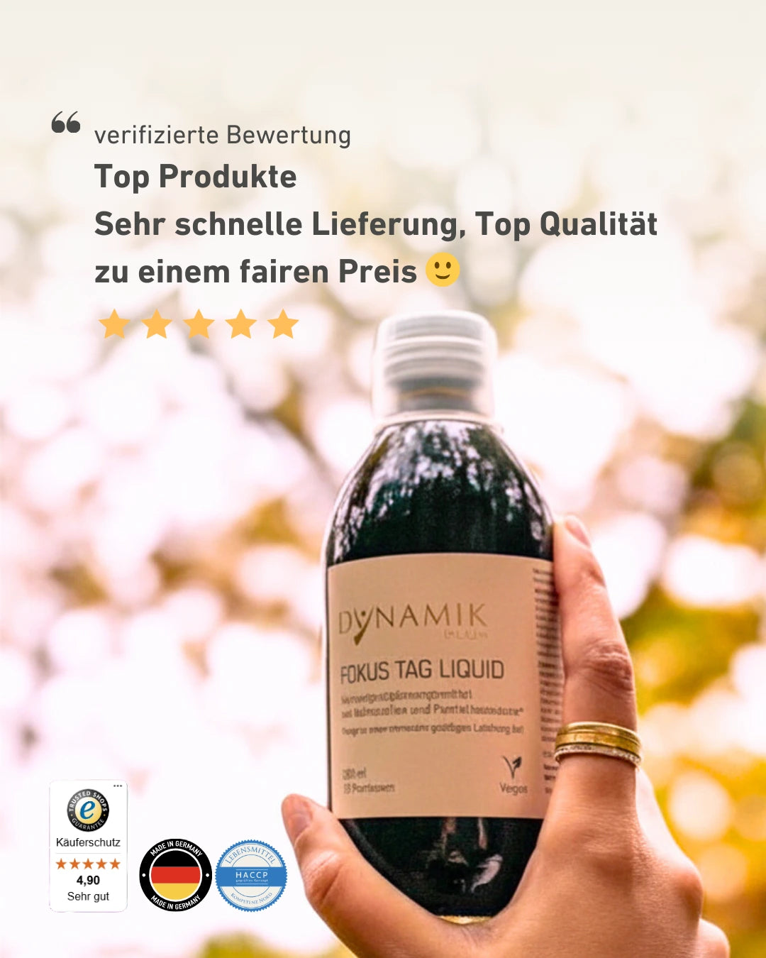 Verifizierte Kundenbewertung und DYNAMIKPLUS Fokus Tag Liquid in Hand